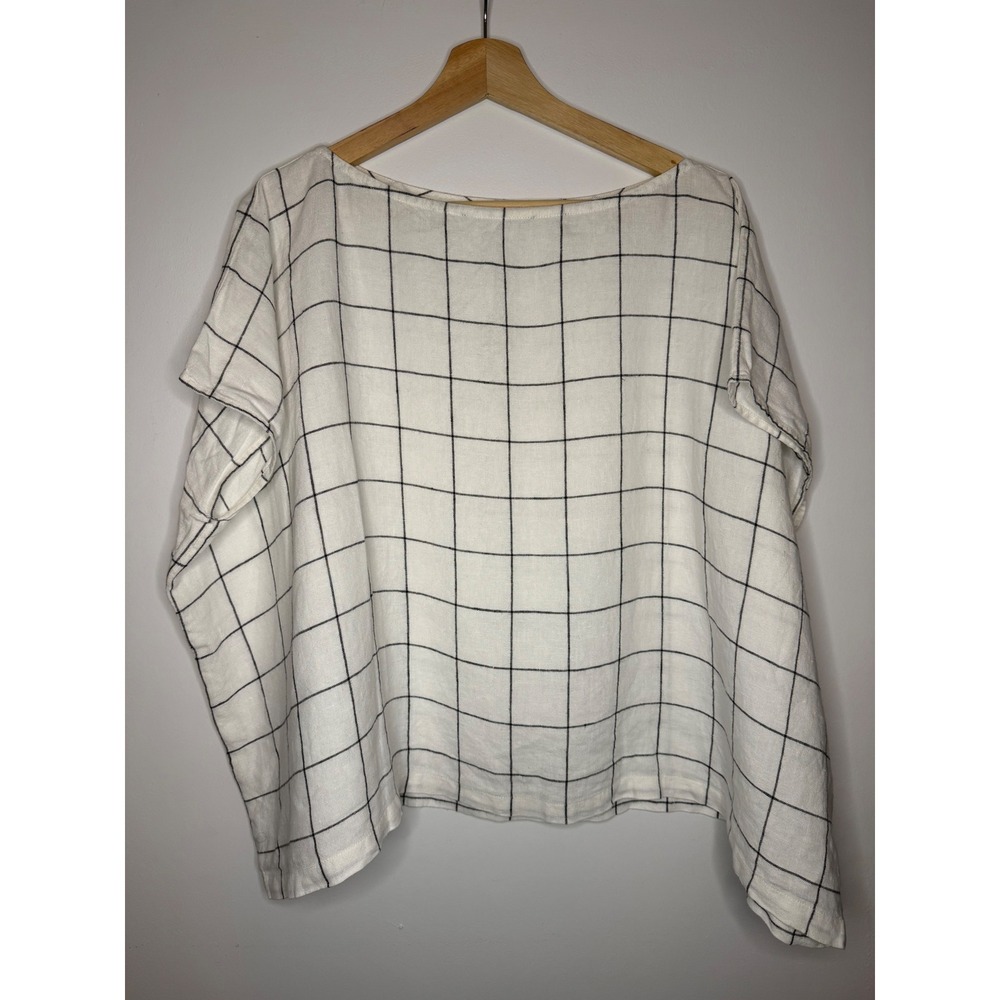 Not Perfect Linen Women OS White Windowpane Plaid Linen Oversized Top Tunic Boxy